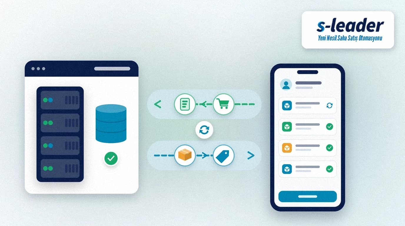 Logo ERP entegrasyonu: solda ERP sunucusu ve veritabanı, sağda sipariş listesi açık telefon; üst şeritte siparişler ERP'ye, alt şeritte stok ve fiyatlar telefona akıyor