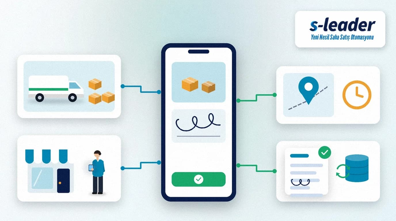 Dijital teslimat onayı: ortada teslim edilen kolilerin fotoğrafı, imza alanı ve onay çubuğu olan telefon; çevresinde teslimat aracı, müşteri dükkânı, konum iğnesi ve saat, imzalı teslim belgesi ve veritabanı — S-Leader