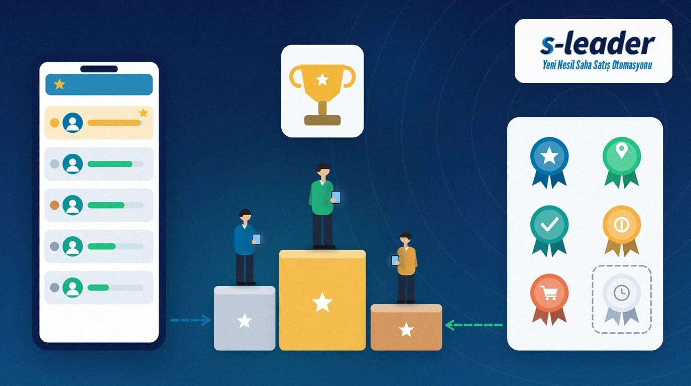 Saha ekibi motivasyonu: solda ilk satırı altın yıldızlı liderlik tablosu gösteren telefon, ortada gümüş, altın ve bronz basamaklı kürsüde elinde cihaz tutan üç plasiyer ve üstte kupa kartı, sağda altı rozetli rozet duvarı (biri henüz kazanılmamış, kesik çizgili) — S-Leader